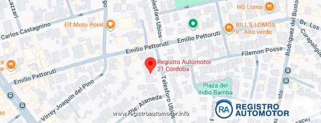 Mapa de ubicación del Registro Automotor N° 21 de Córdoba Capital en calle telesforo ubios 3829.