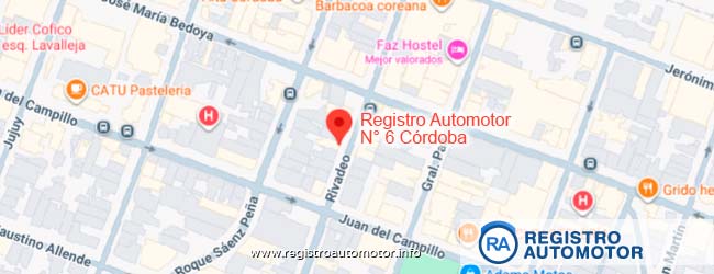 Mapa de ubicación del Registro Automotor N° 6 de Córdoba Capital en calle Rivadeo 1453.