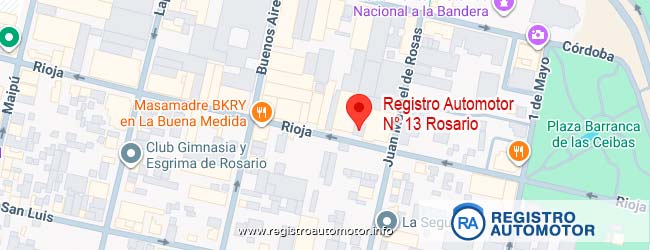 Mapa de ubicación del Registro Automotor N° 13 de Rosario sobre calle Rioja 624.