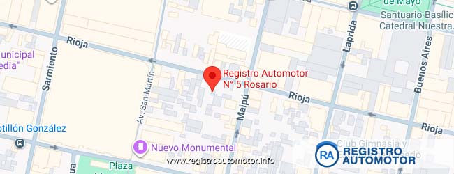 Mapa de ubicación del Registro Automotor N° 5 de Rosario sobre calle Rioja 935.